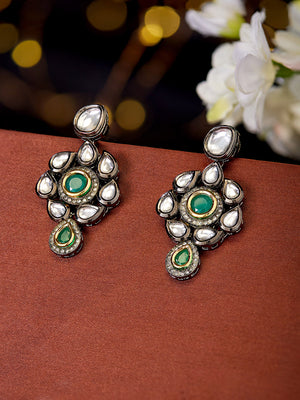 Priyaasi Floral Pattern Kundan Drop Earrings with Green Stone in Gold Plated Finish