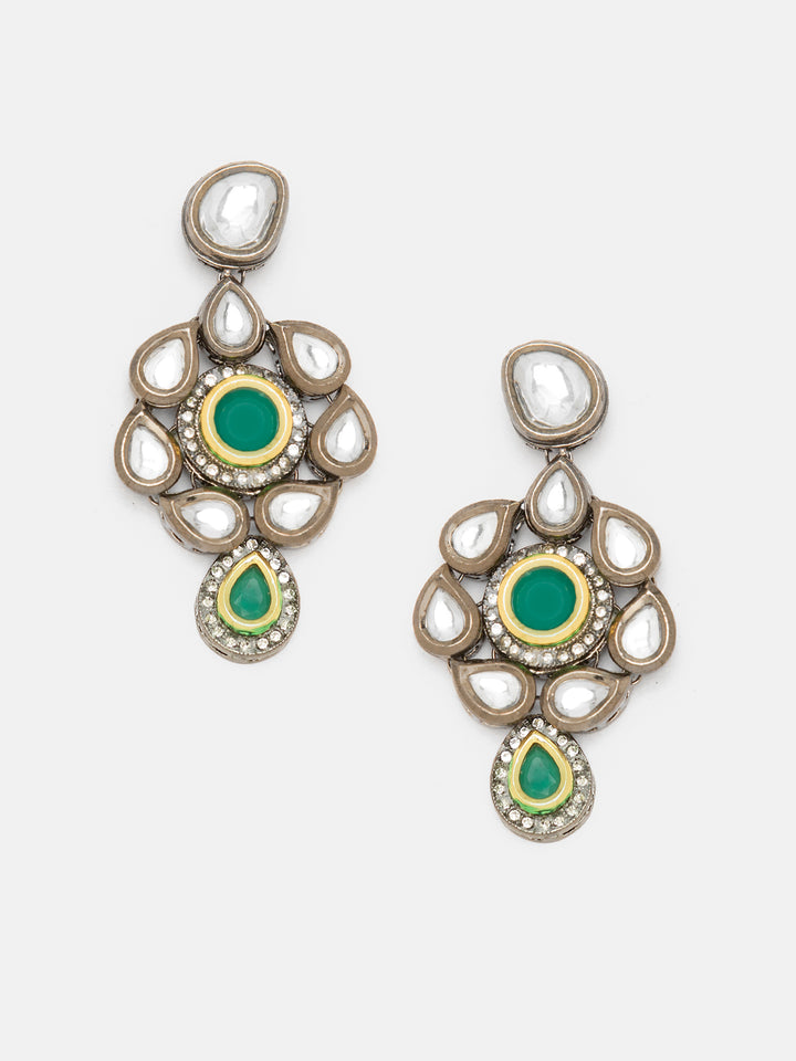 Priyaasi Floral Pattern Kundan Drop Earrings with Green Stone in Gold Plated Finish