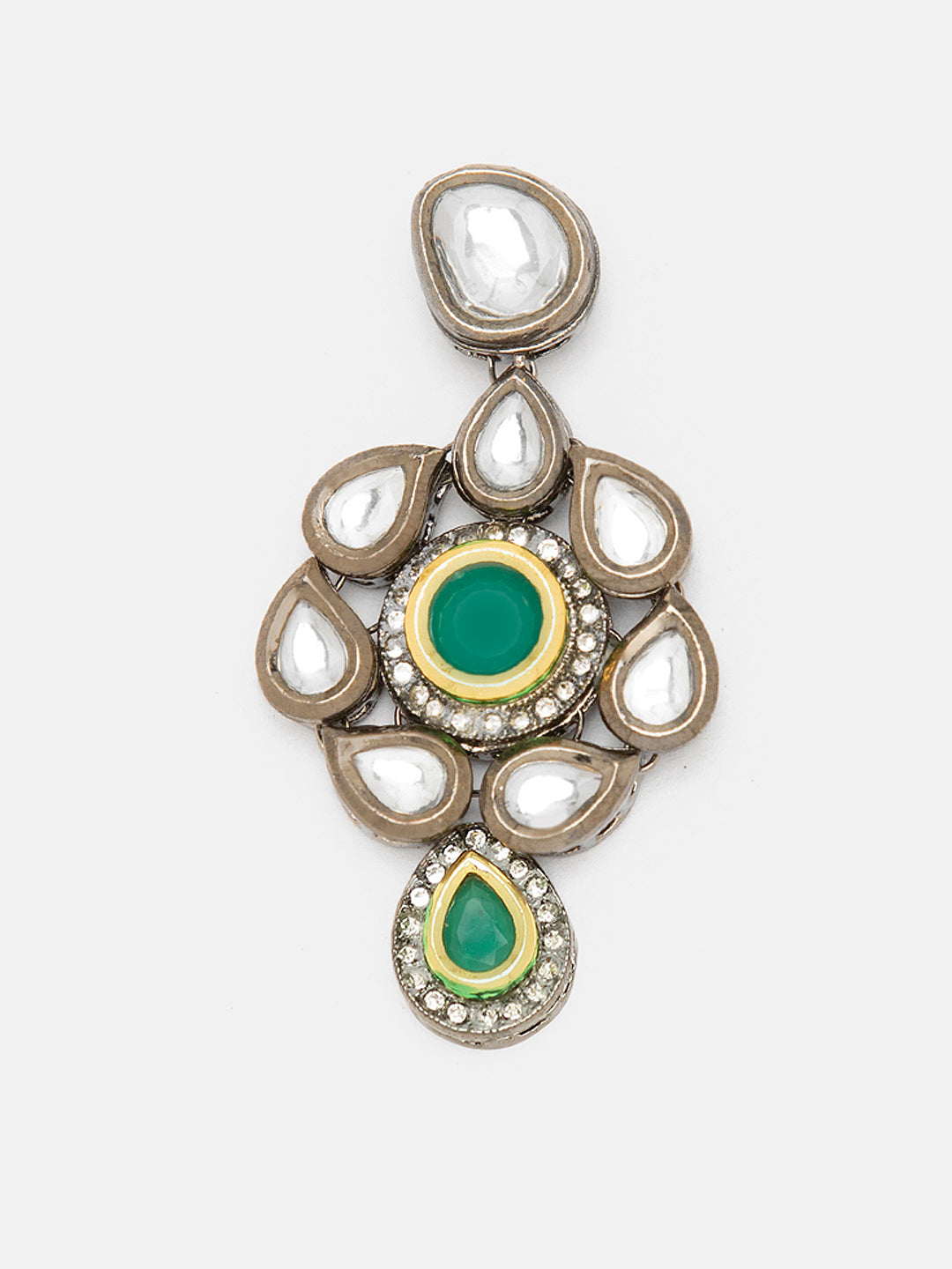 Priyaasi Floral Pattern Kundan Drop Earrings with Green Stone in Gold Plated Finish