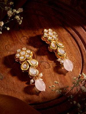 Priyaasi Gold-Plated Kundan Drop Earrings with Pink Bead Flower Pattern