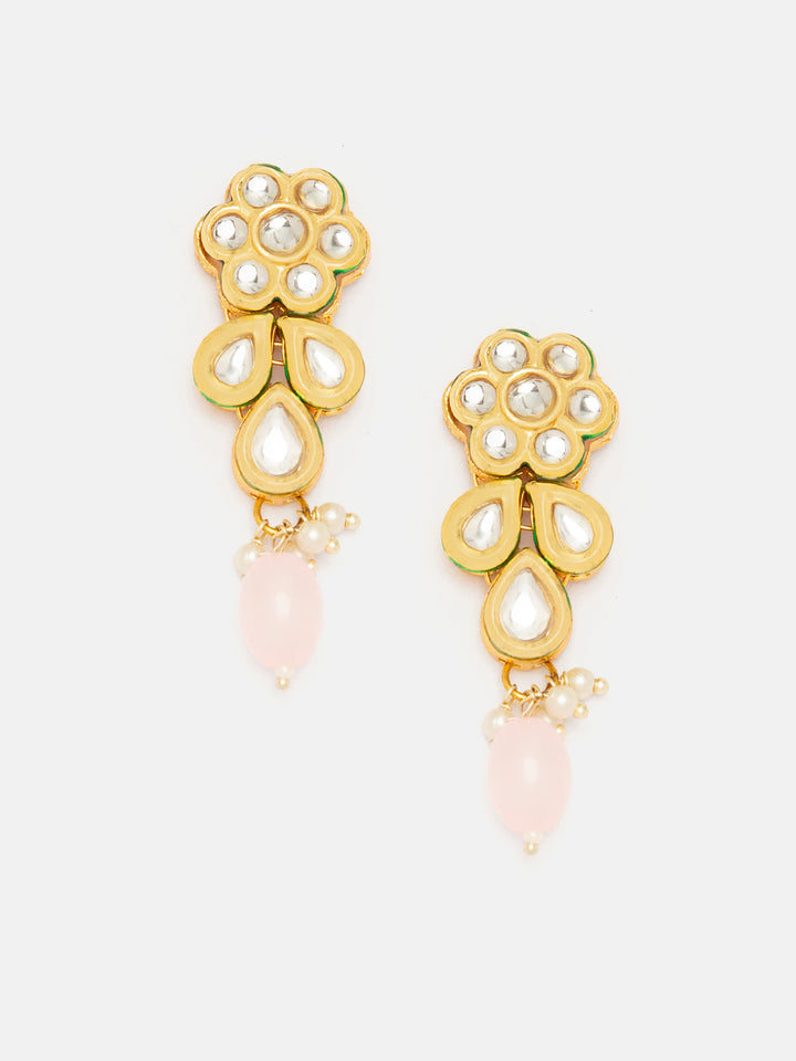 Priyaasi Gold-Plated Kundan Drop Earrings with Pink Bead Flower Pattern