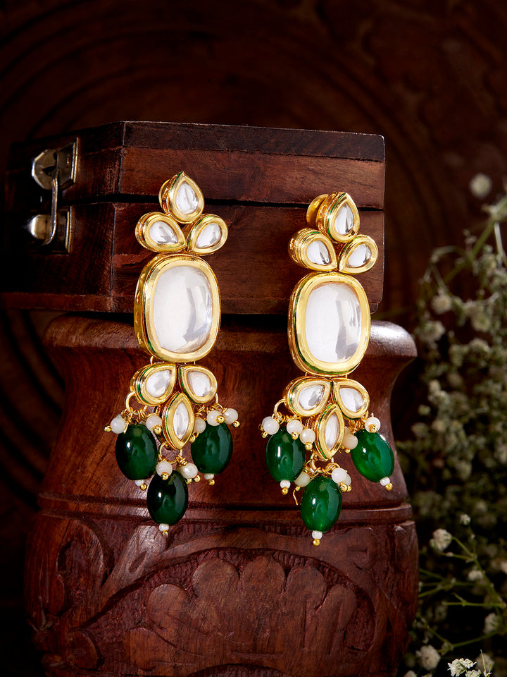 Priyaasi Elegant Gold-Plated Square Kundan Drop Earrings with Pearls and Green Beads