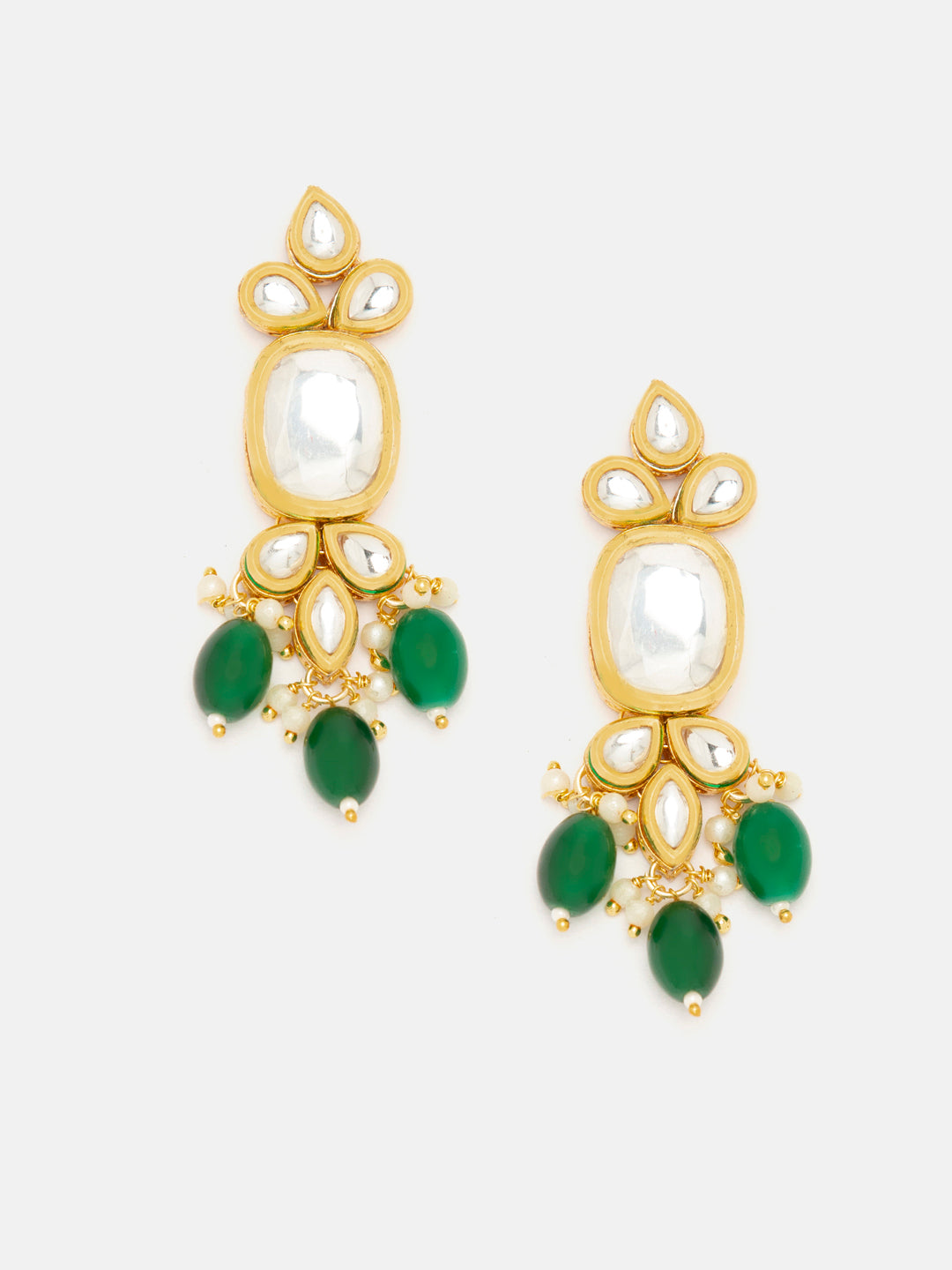 Priyaasi Elegant Gold-Plated Square Kundan Drop Earrings with Pearls and Green Beads