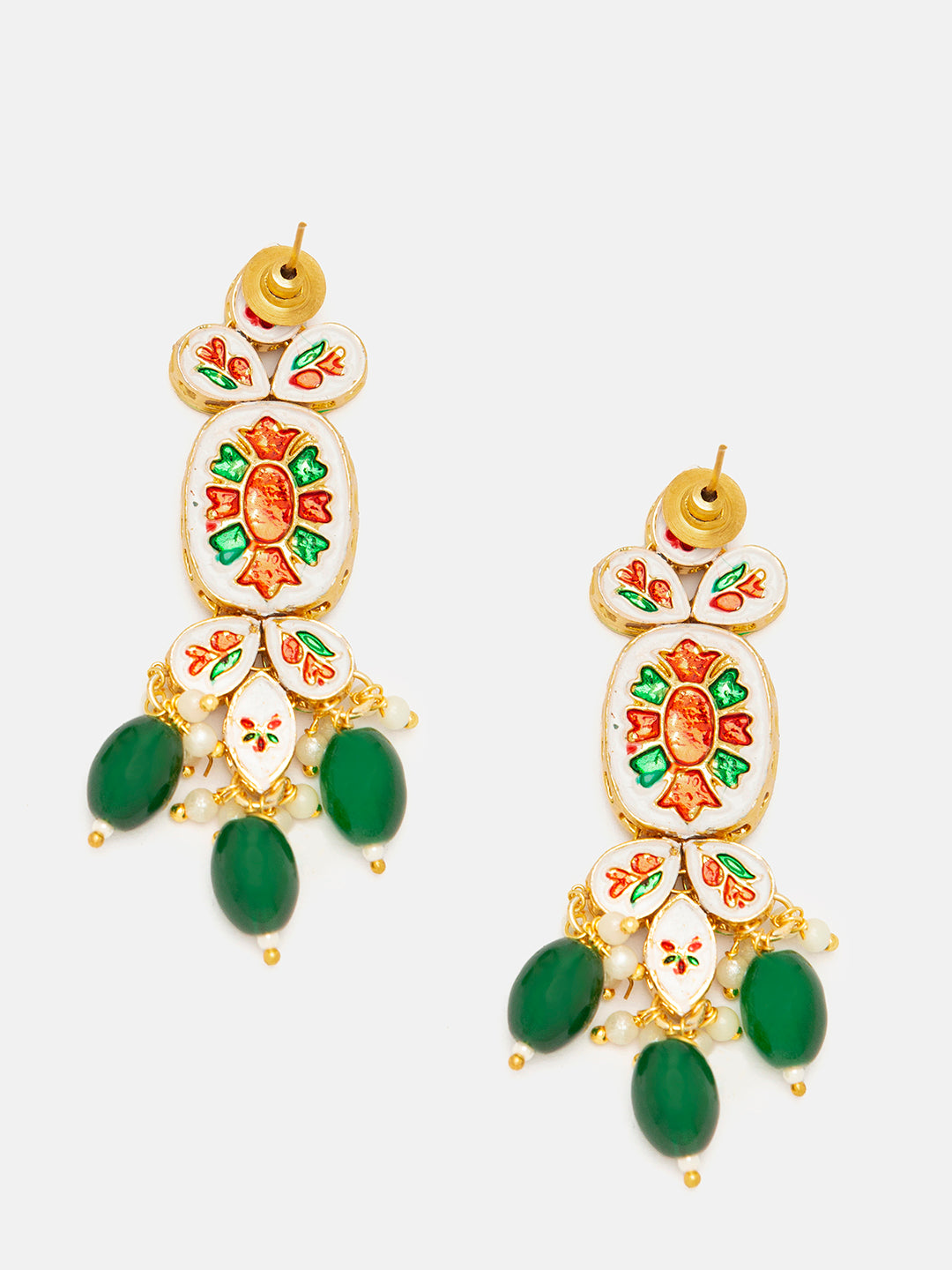 Priyaasi Elegant Gold-Plated Square Kundan Drop Earrings with Pearls and Green Beads