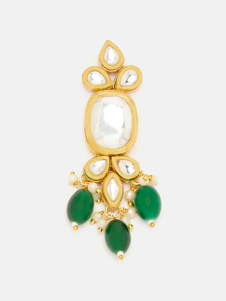 Priyaasi Elegant Gold-Plated Square Kundan Drop Earrings with Pearls and Green Beads