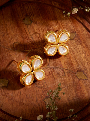 Priyaasi Kundan Flower Pattern Mini Charm Drop Earrings in Gold Plated Finish