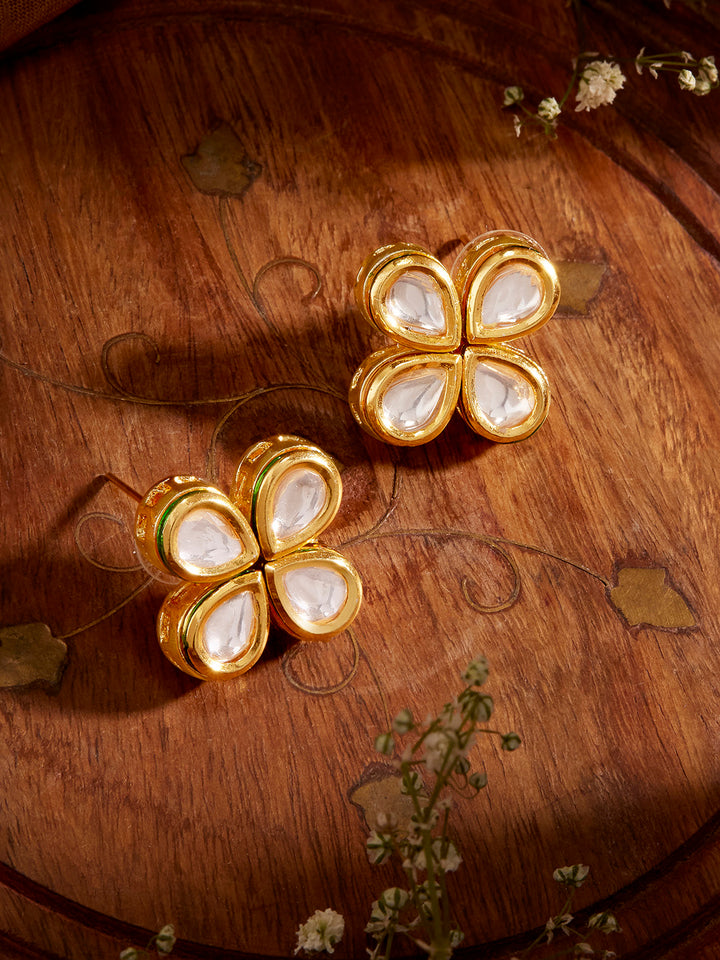 Priyaasi Kundan Flower Pattern Mini Charm Drop Earrings in Gold Plated Finish