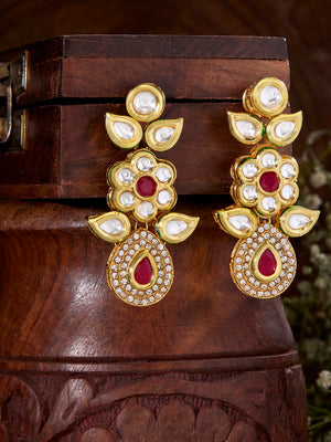 Priyaasi Red Stoned Kundan Floral Gold Plated Drop Earrings