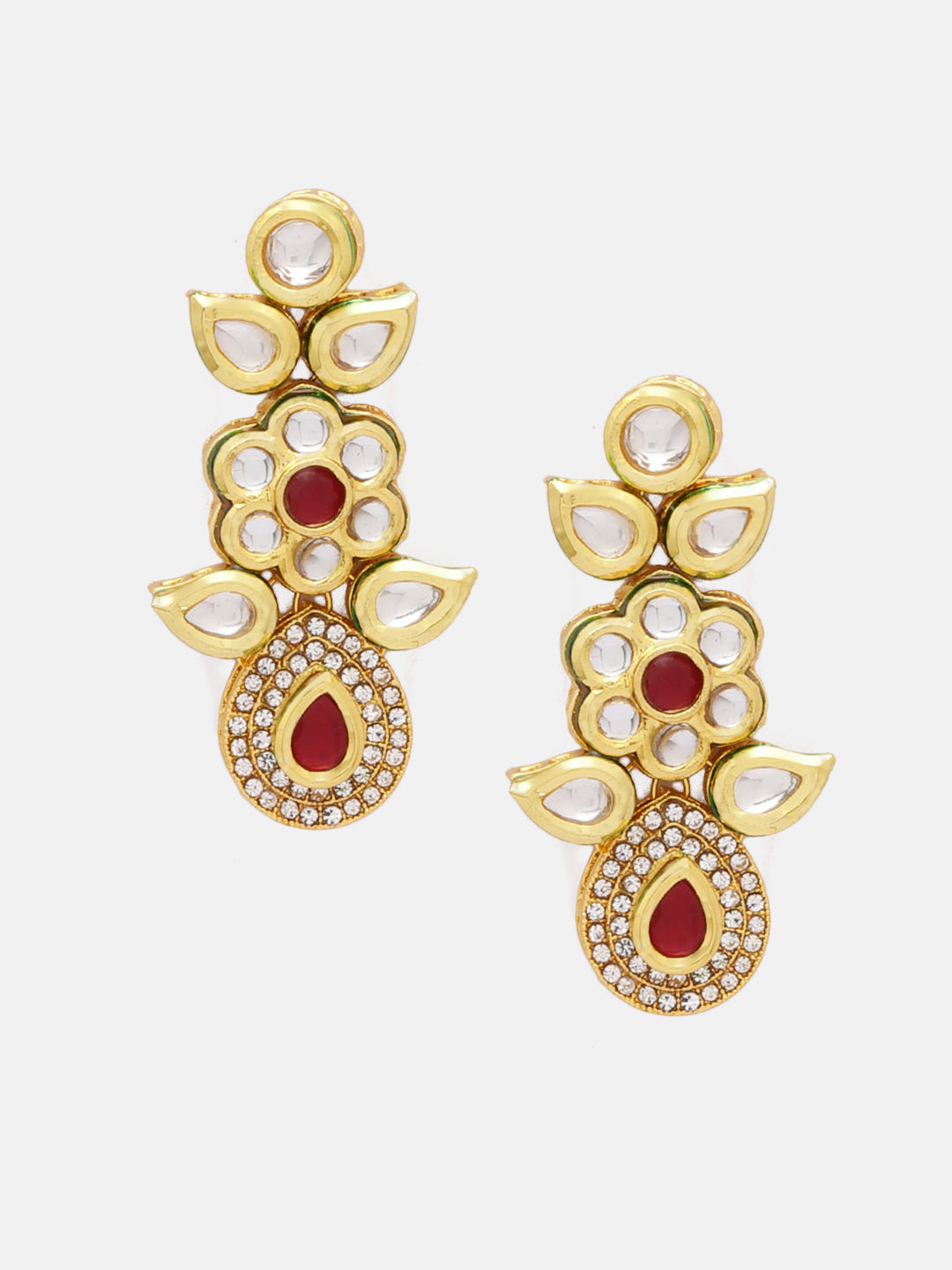 Priyaasi Red Stoned Kundan Floral Gold Plated Drop Earrings