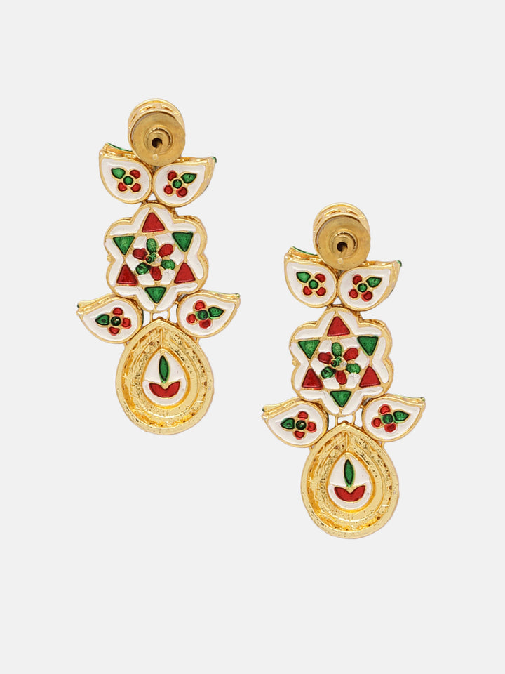 Priyaasi Red Stoned Kundan Floral Gold Plated Drop Earrings