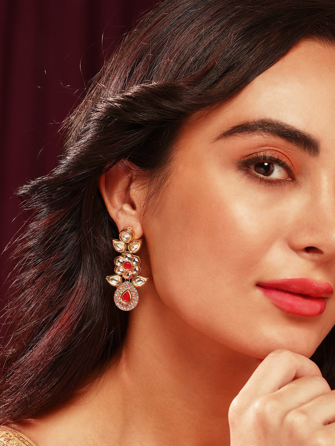 Priyaasi Red Stoned Kundan Floral Gold Plated Drop Earrings