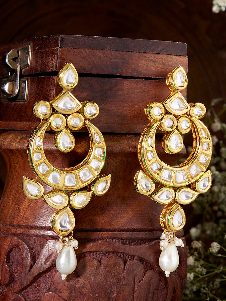 Priyaasi Exquisite Floral Design Gold-Plated Kundan Drop Earrings with Pearl Chand Accent