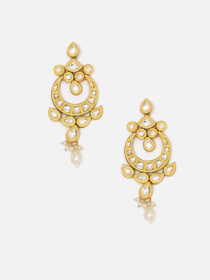 Priyaasi Exquisite Floral Design Gold-Plated Kundan Drop Earrings with Pearl Chand Accent