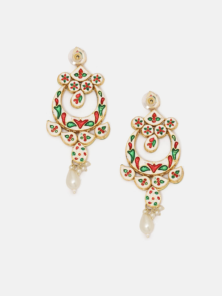 Priyaasi Exquisite Floral Design Gold-Plated Kundan Drop Earrings with Pearl Chand Accent