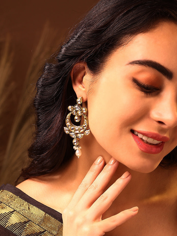 Priyaasi Exquisite Floral Design Gold-Plated Kundan Drop Earrings with Pearl Chand Accent