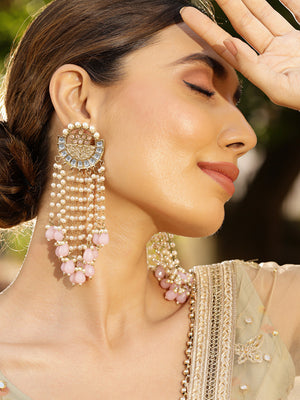 Priyaasi Kundan Fresh Water Pearl Tassels Pink Beads Stylish Danglers Gold Plated Earrings