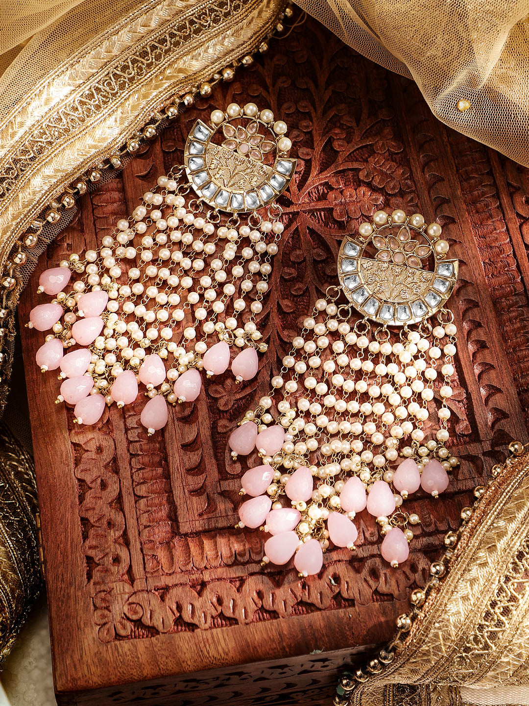 Priyaasi Kundan Fresh Water Pearl Tassels Pink Beads Stylish Danglers Gold Plated Earrings