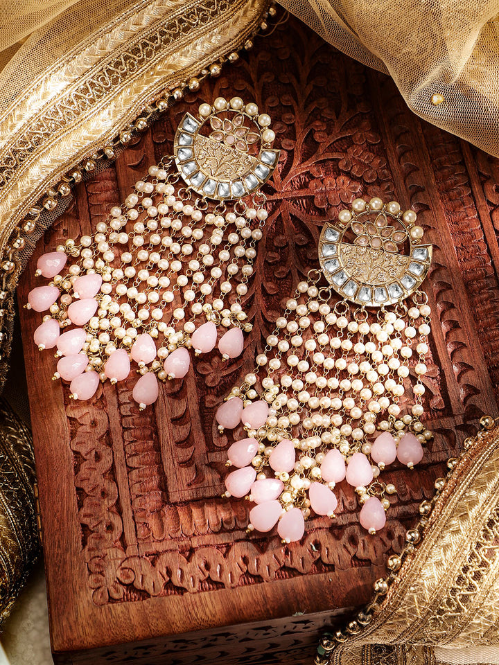 Priyaasi Kundan Fresh Water Pearl Tassels Pink Beads Stylish Danglers Gold Plated Earrings