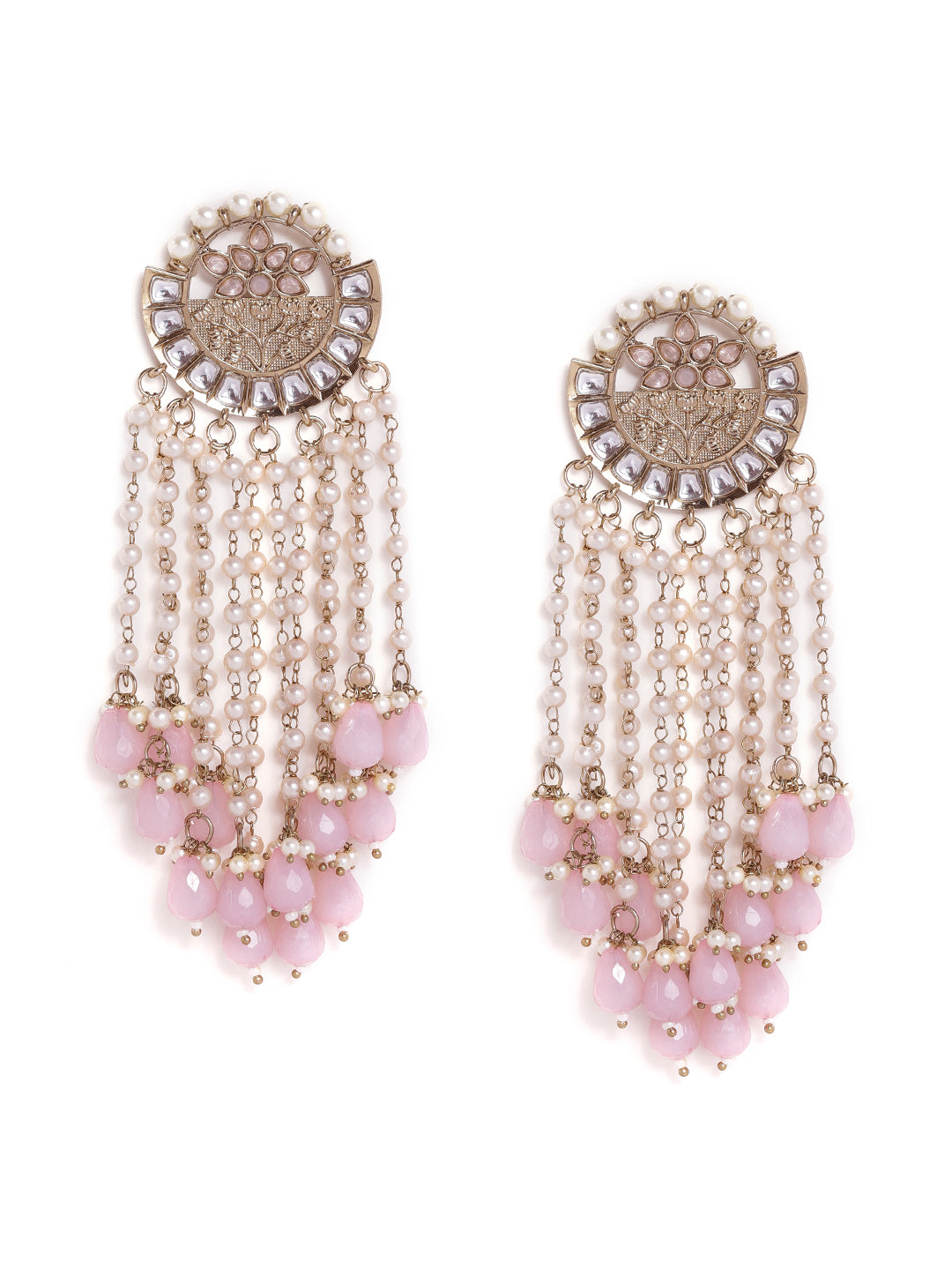 Priyaasi Kundan Fresh Water Pearl Tassels Pink Beads Stylish Danglers Gold Plated Earrings
