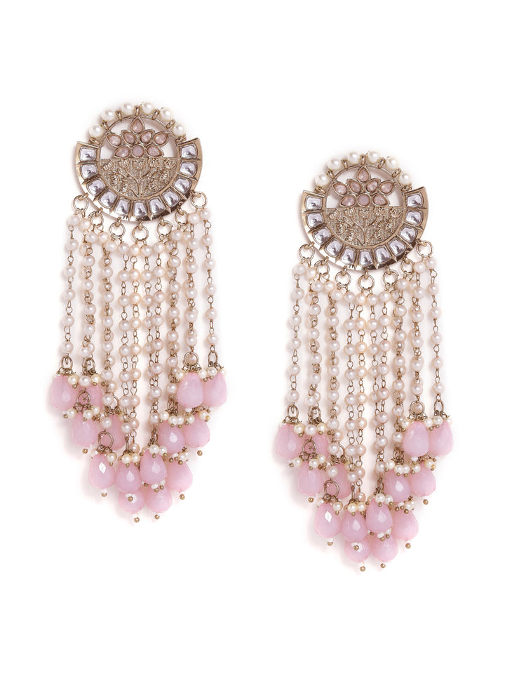 Priyaasi Kundan Fresh Water Pearl Tassels Pink Beads Stylish Danglers Gold Plated Earrings