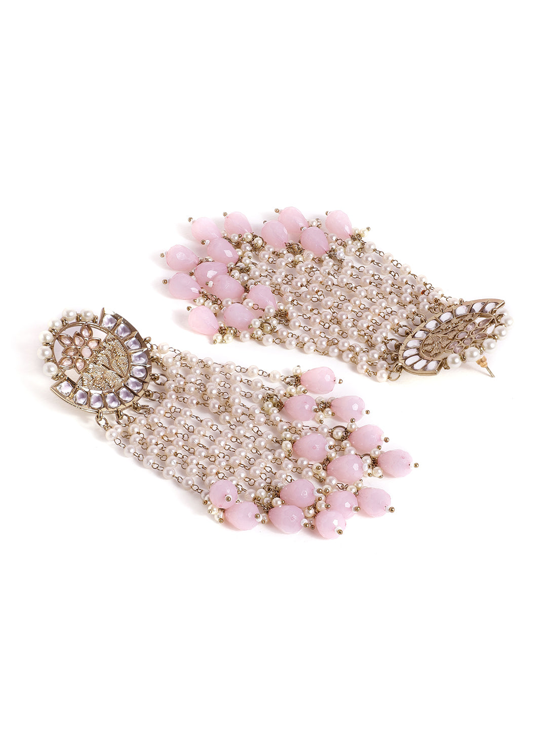 Priyaasi Kundan Fresh Water Pearl Tassels Pink Beads Stylish Danglers Gold Plated Earrings