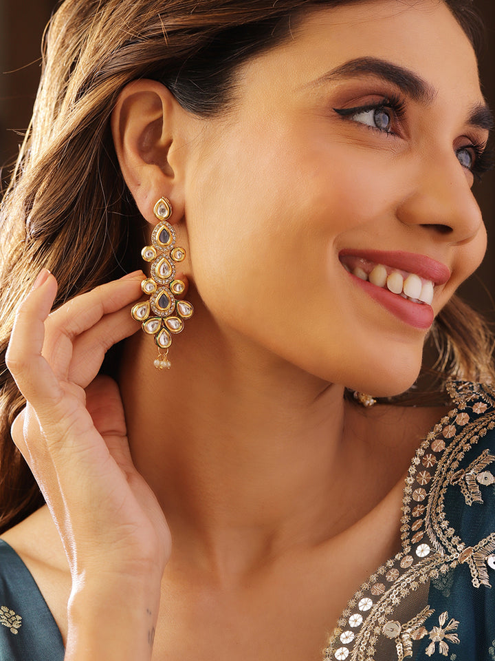 Priyaasi Floral Kundan Drop Style Gold Plated Push back Earrings