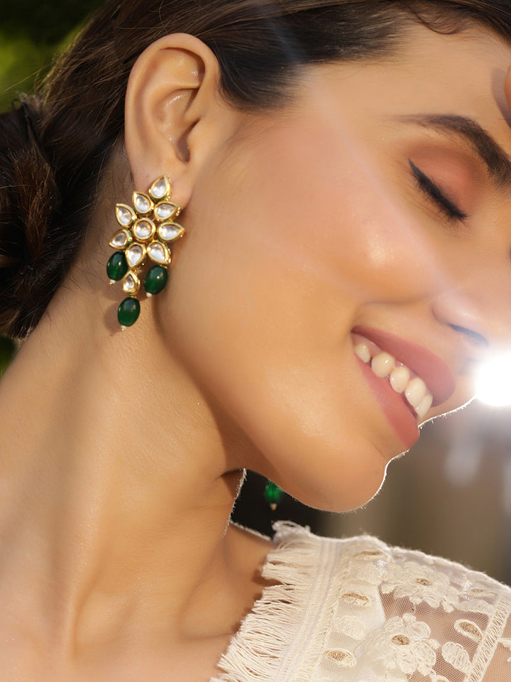 Priyaasi Blooming floral green beads drop style gold plated push back earrings