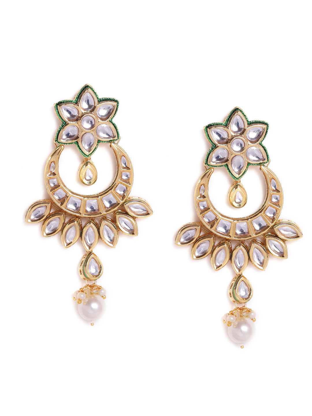 Priyaasi Green floral chandbali kundan Fresh Water pearl design gold plated push back earrings