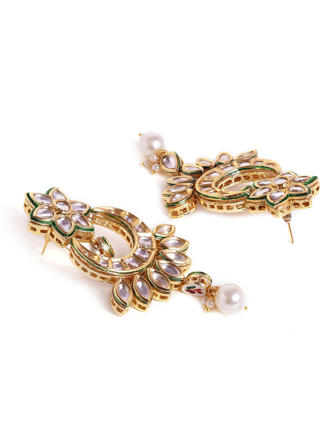 Priyaasi Green floral chandbali kundan Fresh Water pearl design gold plated push back earrings