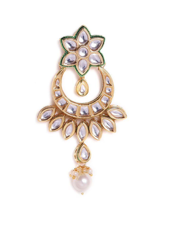 Priyaasi Green floral chandbali kundan Fresh Water pearl design gold plated push back earrings