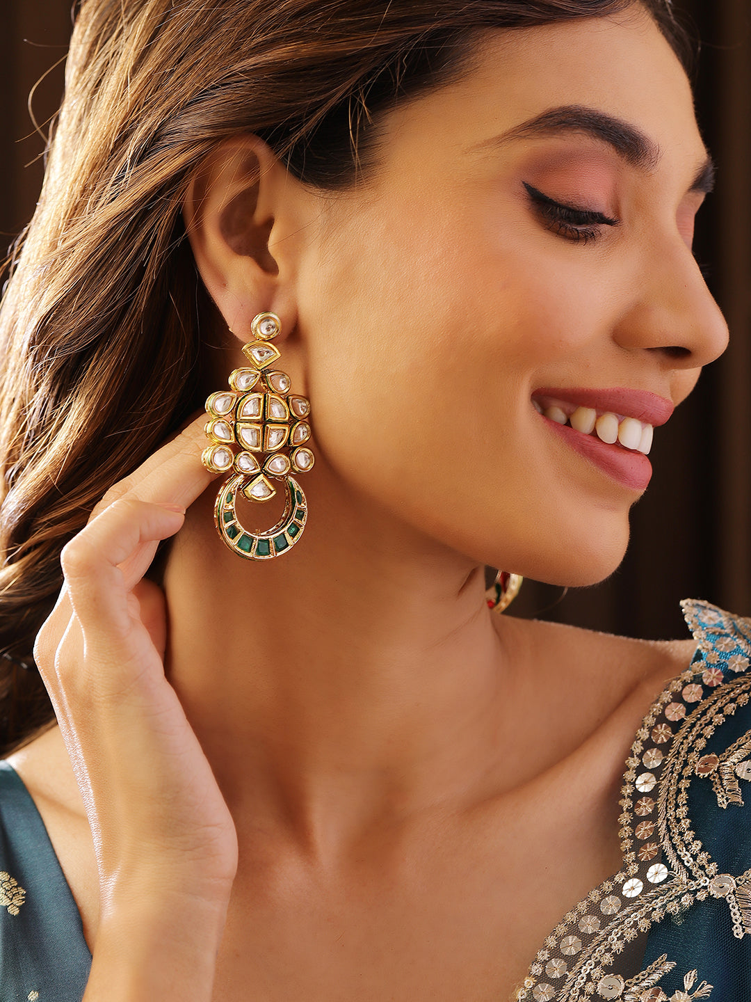 Priyaasi Green Kundan Statement style gold plated push back earrings