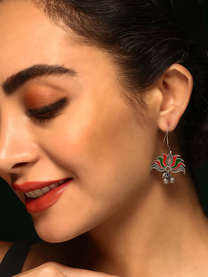 Priyaasi Silver Plated Red-Green Oxidized Meenakari Drop Earrings