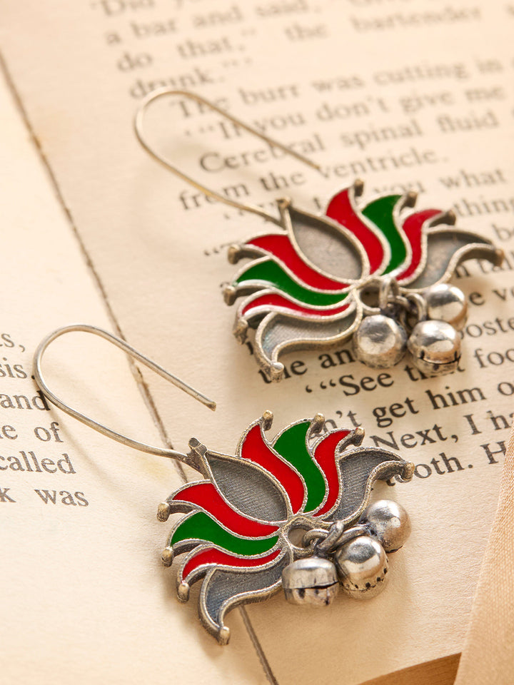 Priyaasi Silver Plated Red-Green Oxidized Meenakari Drop Earrings