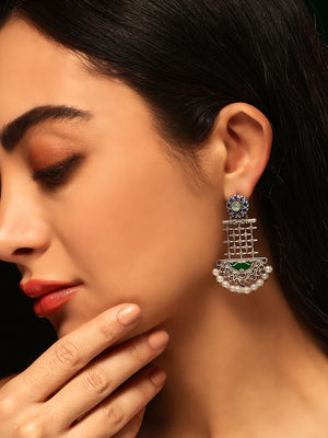 Priyaasi Silver Plated Green Oxidized Pearl Chandbali Earrings