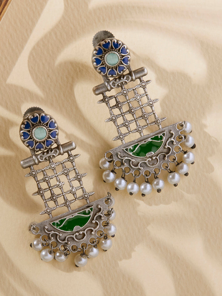 Priyaasi Silver Plated Green Oxidized Pearl Chandbali Earrings