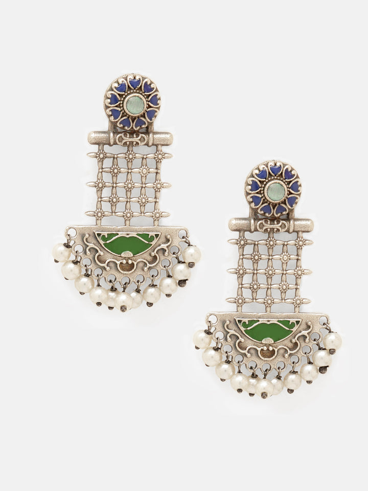 Priyaasi Silver Plated Green Oxidized Pearl Chandbali Earrings