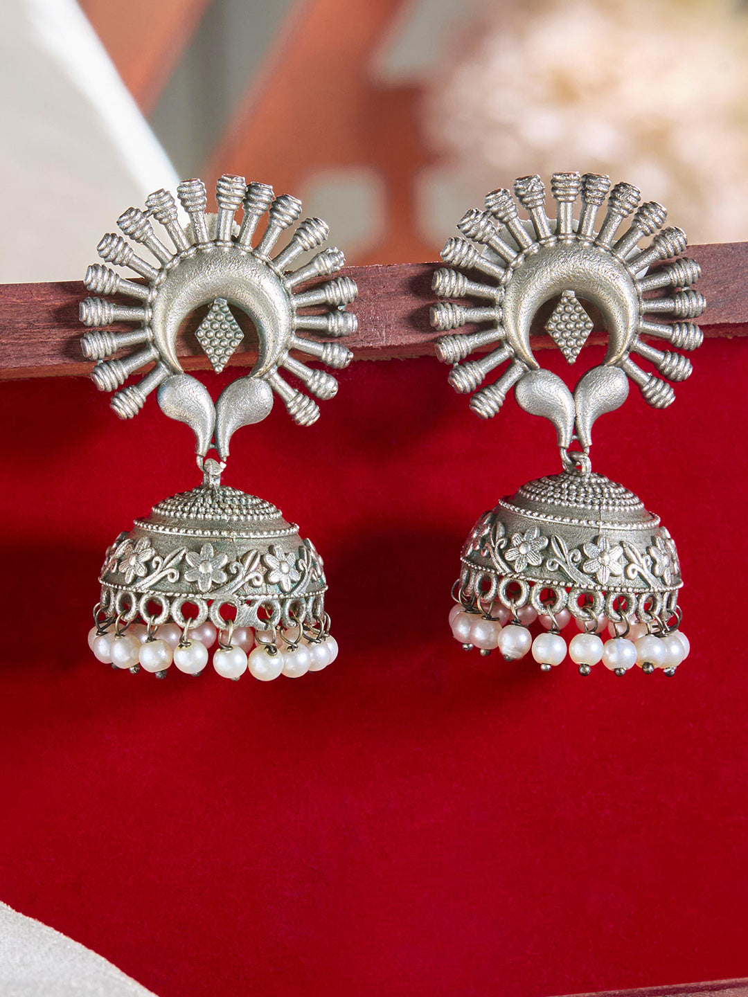 Priyaasi Silver Plated Silver Oxidized Jhumka Earrings