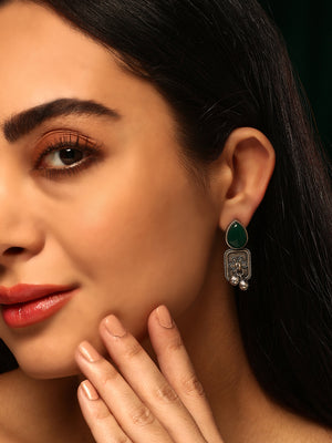 Priyaasi Silver Plated Green Oxidized Emarld Drop Earrings