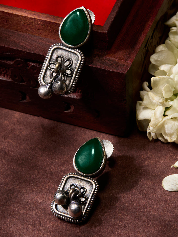 Priyaasi Silver Plated Green Oxidized Emarld Drop Earrings