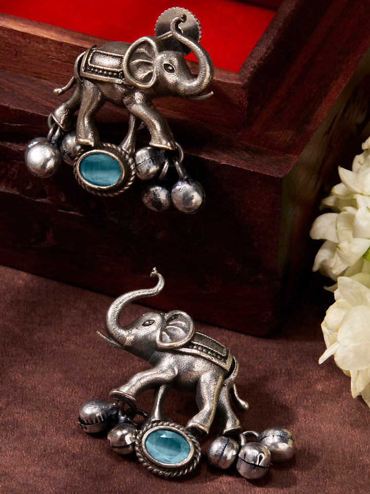 Priyaasi Silver Plated Blue Oxidized Elephant Crystal Drop Earrings