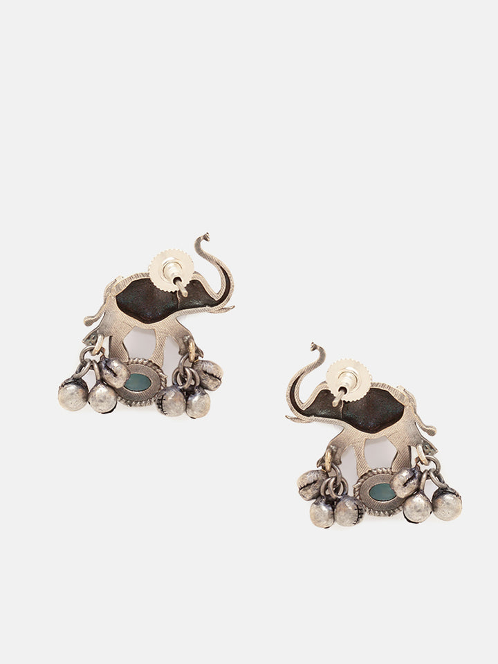 Priyaasi Silver Plated Blue Oxidized Elephant Crystal Drop Earrings