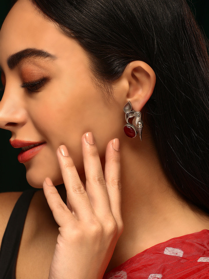 Priyaasi Silver Plated Red Ruby Oxidized Parrot Stud Earrings