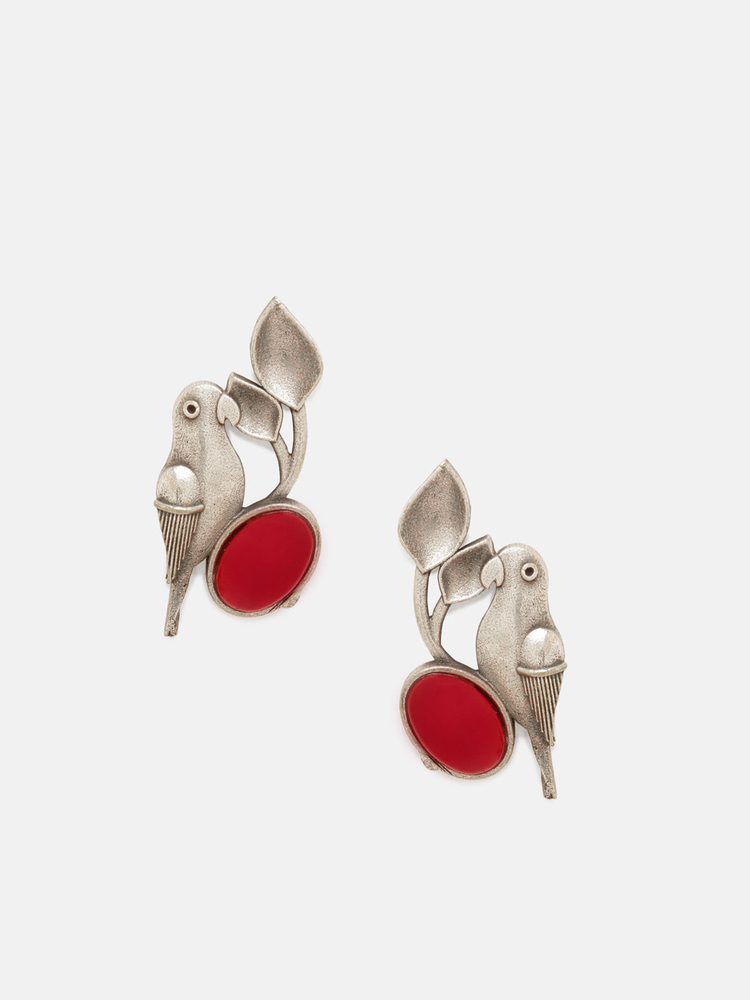 Priyaasi Silver Plated Red Ruby Oxidized Parrot Stud Earrings