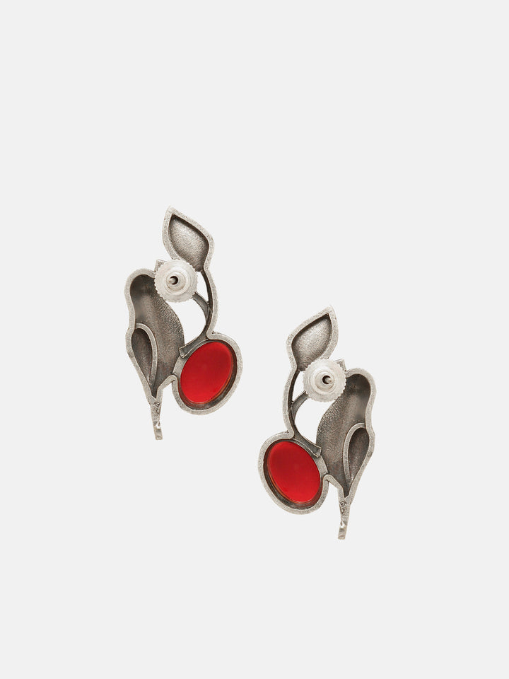 Priyaasi Silver Plated Red Ruby Oxidized Parrot Stud Earrings