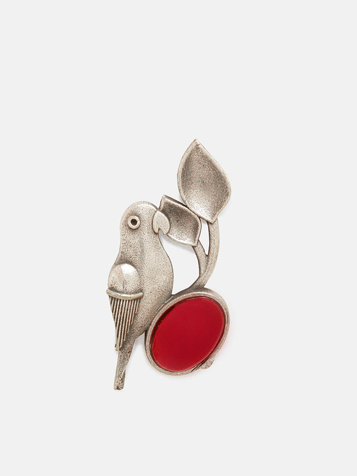 Priyaasi Silver Plated Red Ruby Oxidized Parrot Stud Earrings