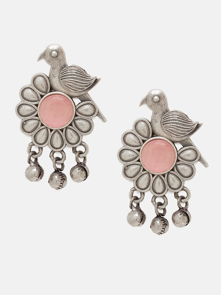 Priyaasi Silver Plated Pink Oxidized Sparrow Crystal Drop Earrings