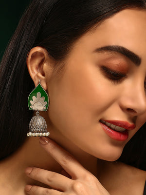 Priyaasi Silver Plated Green Oxidized Pearl Jhumka Earrings