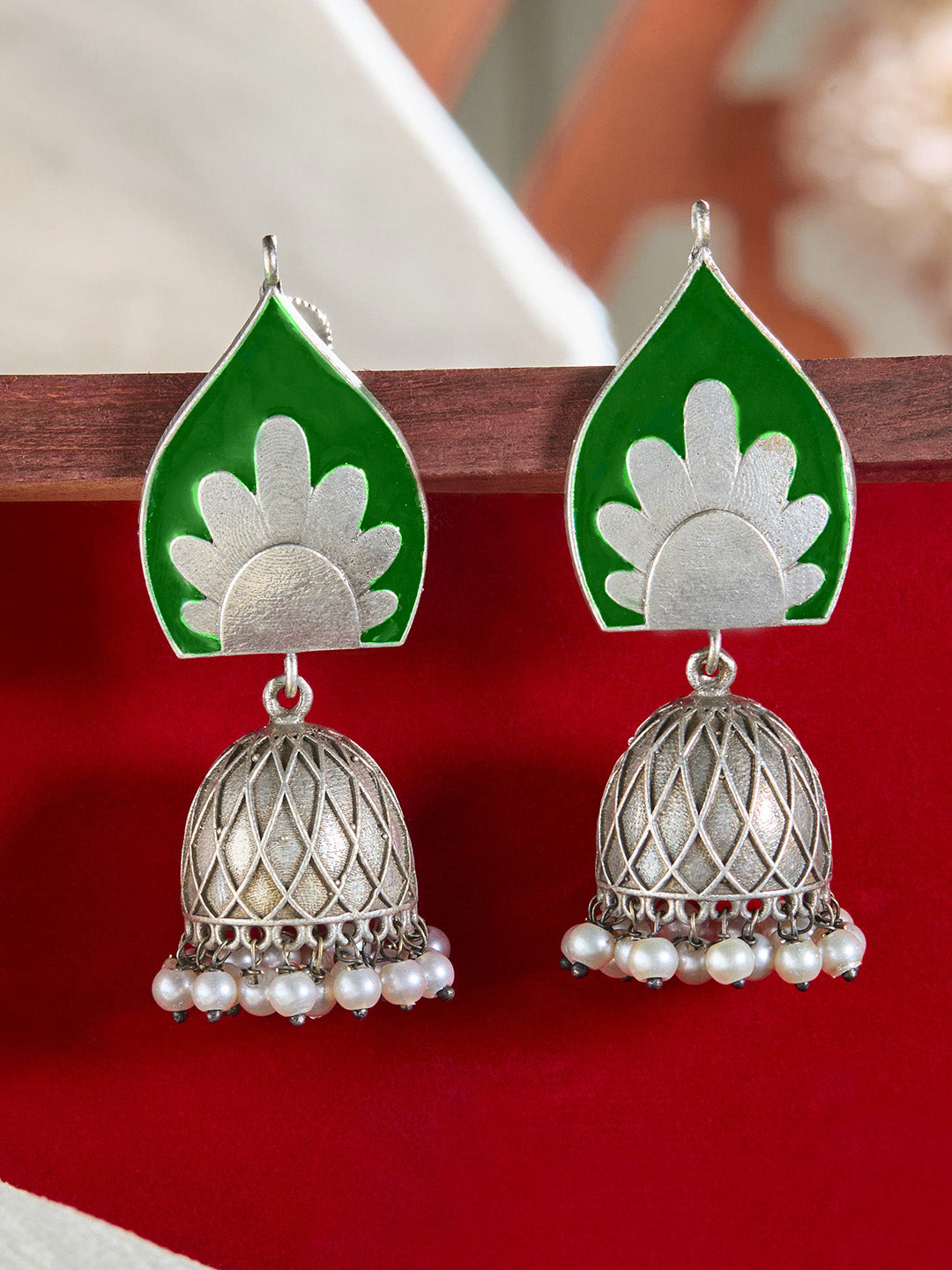 Priyaasi Silver Plated Green Oxidized Pearl Jhumka Earrings