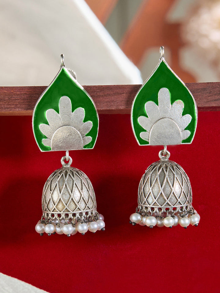 Priyaasi Silver Plated Green Oxidized Pearl Jhumka Earrings