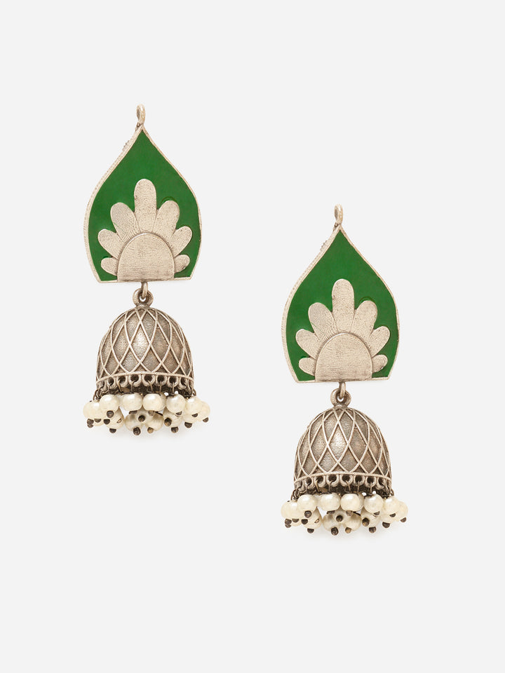 Priyaasi Silver Plated Green Oxidized Pearl Jhumka Earrings